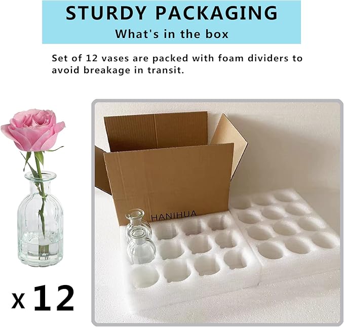 Set of 12 Glass Vases Bud Vases in Bulk, Small Vase for Flowers, Clear Vases Set for Rustic Wedding Decorations, Home Table Flower Decor, Shelf Decor Mini Vases 2.85"X 5.4"