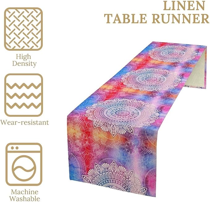 Vintage Mandala Table Runner, Bohemian Indian Purple Starry Colorful Floral Print Table Runner for Home Kitchen Dining Table Party Decor, 13x90inch