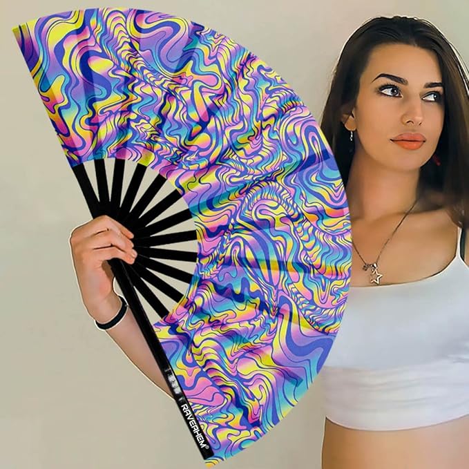 UV Glow Rave Fan, Bamboo Folding Clack Hand Fans Foldable for Men Women, Boots on the Ground Poping Fan for EDM Festival Line Dance Decoration, (Waves-2, Large 13")