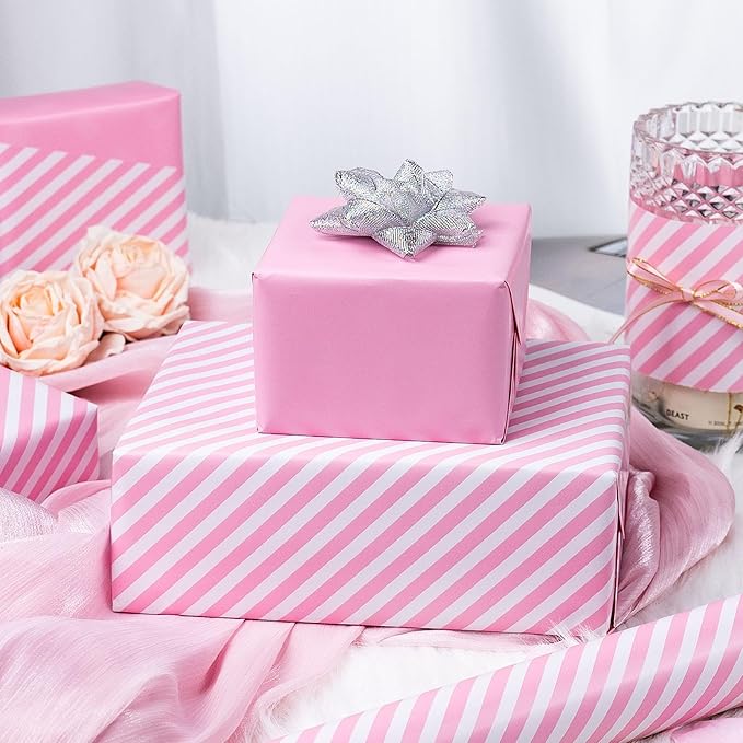 Burymento Pink and White Stripes Wrapping Paper, Reversible Pink Gift Wrap for Birthday, Valentines, Mothers day, Graduation, Wedding, Fathers day, Baby Shower, Christmas (17in x 32.8ft)