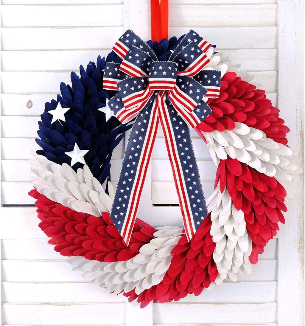 2 Pack 4th of July Decor Bow for Wreath,Red White Blue Stripe Stars Tree Topper Bows for Patriotic,Independence Day,Memorial Day,Veteran's Day,Front Door Indoor Outdoor Decorations