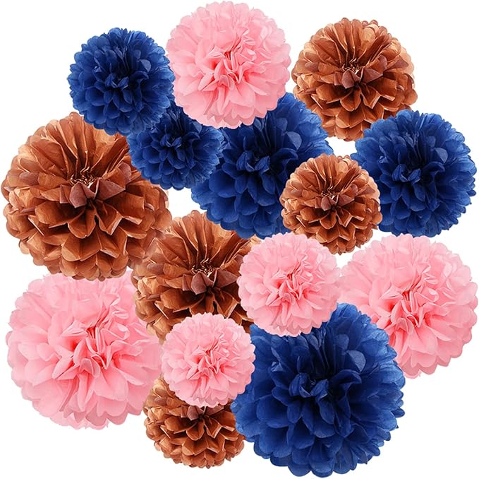 Gender-Reveal Decorations Tissue Paper Pom-Poms - 15pcs 5 Size Navy Blue Pink Rose Gold Paper Flowers,Birthday Bachelorette Bridal Shower Room Decor Engagement Party Decoration Panduola