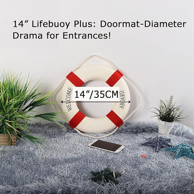MorroMorn Lifebuoy Wall Hanging Decor - Welcome Aboard Mediterranean Style Home Decoration (Red, 14")