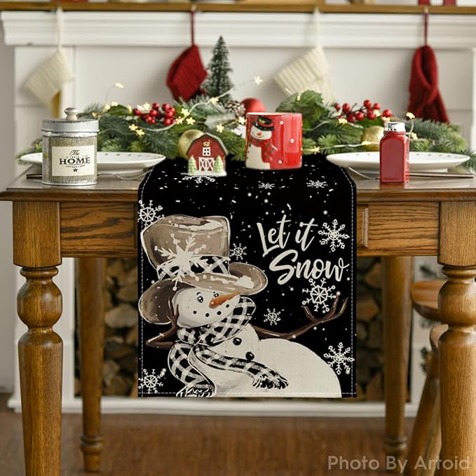 Artoid Mode Black Snowman Snowflake Let it Snow 2PCS Winter Table Runner, Christmas Kitchen Dining Table Decoration for Home Party Decor 13x72 Inch