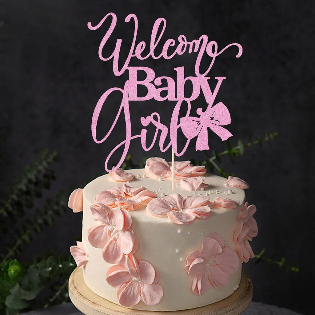 Welcome Baby Girl Cake Toppers - Baby Shower, Baby Shower, Newborn Gender Show Girl Happy Birthday Party Decoration (pink glitter)