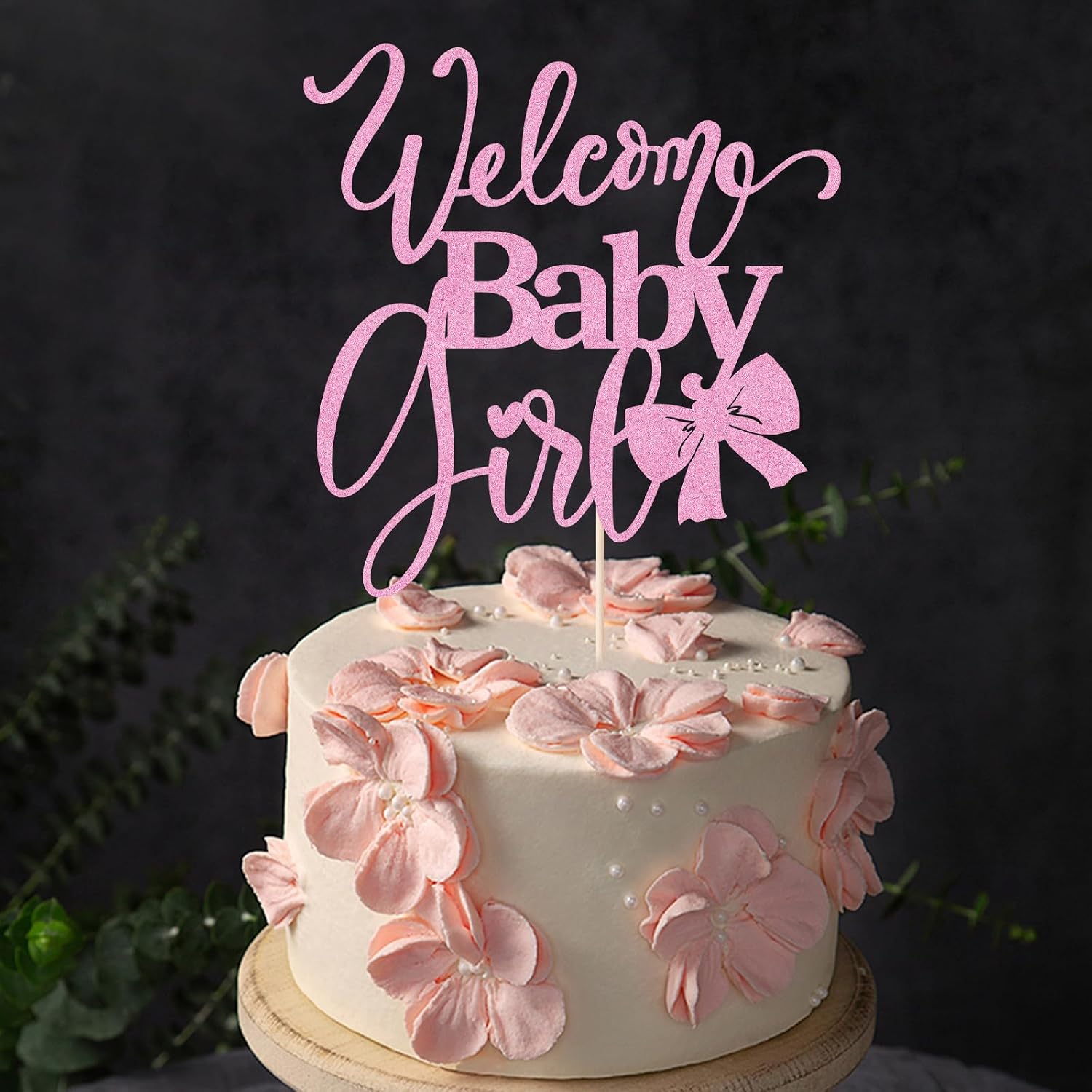 Welcome Baby Girl Cake Toppers - Baby Shower, Baby Shower, Newborn Gender Show Girl Happy Birthday Party Decoration (pink glitter)