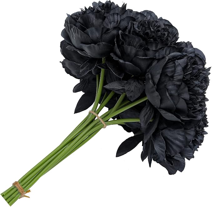 U'Artlines 10 Heads Artificial Peony Silk Flower Leaf Home Office Wedding Party Festival Bar Decor (Black)