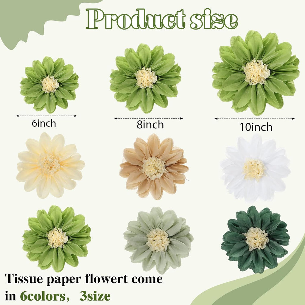 Geyee 18 Pcs Mexican Paper Flowers Colorful Fiesta Tissue Paper Flowers Pom Poms Mexican Carnival for Floral Party Backdrop Wedding Birthday Party Craft, 6" 8" 10"(Green Series)