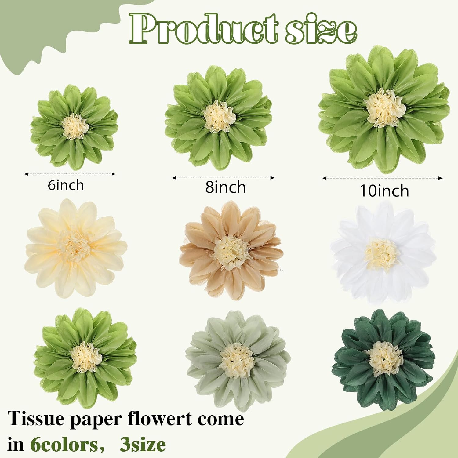 Geyee 18 Pcs Mexican Paper Flowers Colorful Fiesta Tissue Paper Flowers Pom Poms Mexican Carnival for Floral Party Backdrop Wedding Birthday Party Craft, 6" 8" 10"(Green Series)