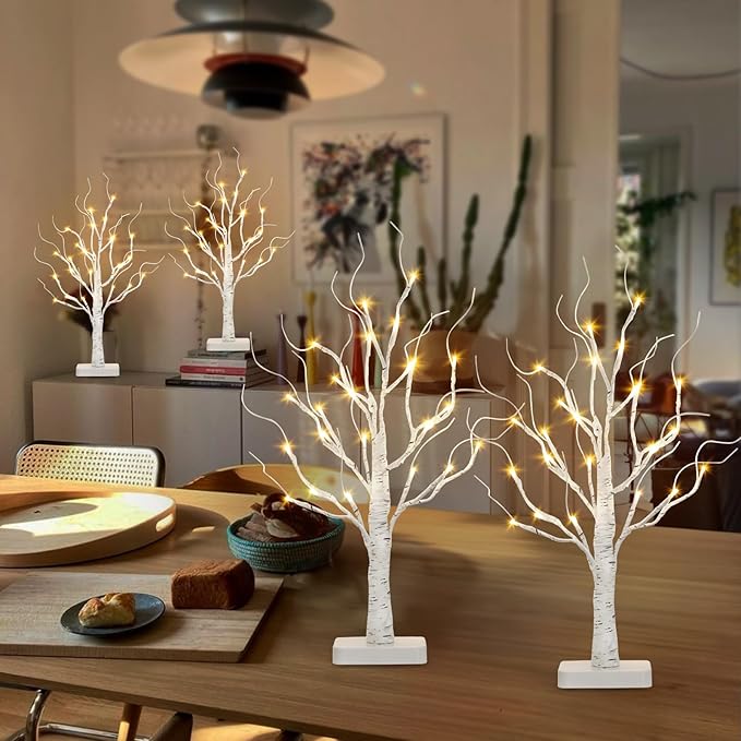 Vanthylit 4 Pcs Lighted Birch Tree Battery Powered Tabletop Tree Decorations for Home Fireplace Party Christmas Decorations (22 Inch)
