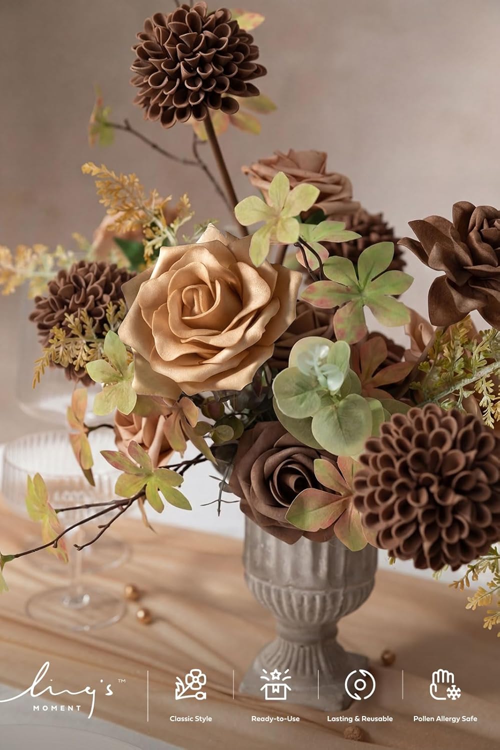 Ling's moment Artificial Flowers Fake Roses Faux Gardenia Foam Brown Beige | Silk Flower, Real Touch Filler Flower, Indoor Outdoor Decor, Table Centerpieces, Wedding Bouquets, Floral Arrangments, 24pcs