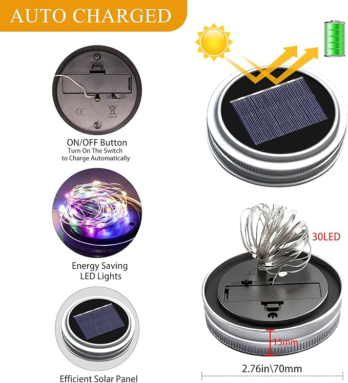 Solar Mason Jar Lights [Upgraded], 12 Pack 30 LED Firefly Fairy String Lights, Waterproof Outdoor Solar Mason Jar Lid Lights with Hangers(NO JARS) for Patio Garden Yard Wedding Decoration - Multicolor