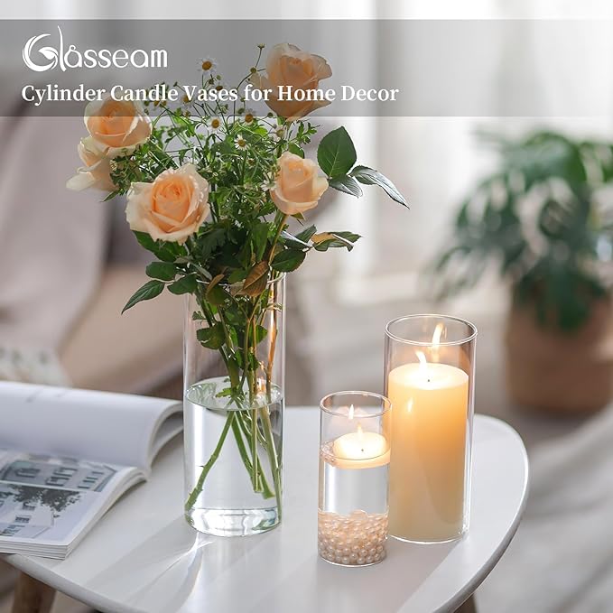 Glasseam Cylinder Vases Set of 12, Hurricane Candle Holder Clear Assorted Sizes, Modern Glass Cylinder Vase, Glass Vases for Centerpieces for Home Decor Wedding Centerpieces, Events, 6''+7.8''+10''