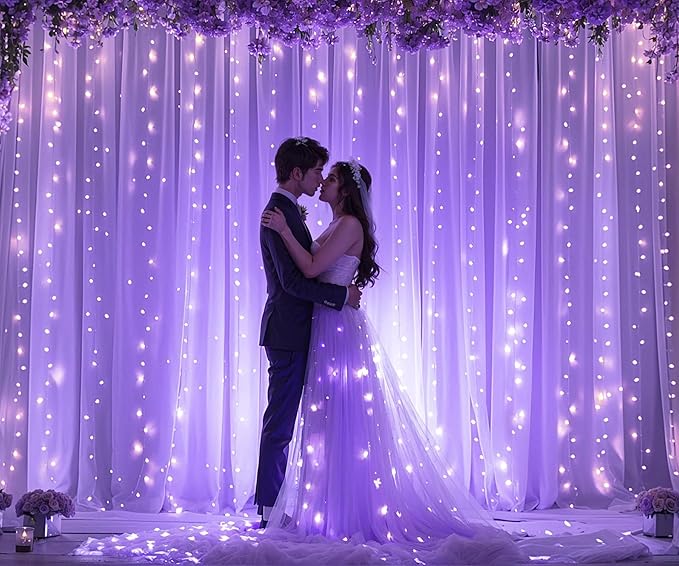 Purple Backdrop Curtains with Lights String for Wedding Birthday Party 10ft×10ft Sheer Tulle Backdrop Curtain for Bridal Shower Baby Shower Photo Shoot Background Wall Decorations 2 Panels 5×10ft