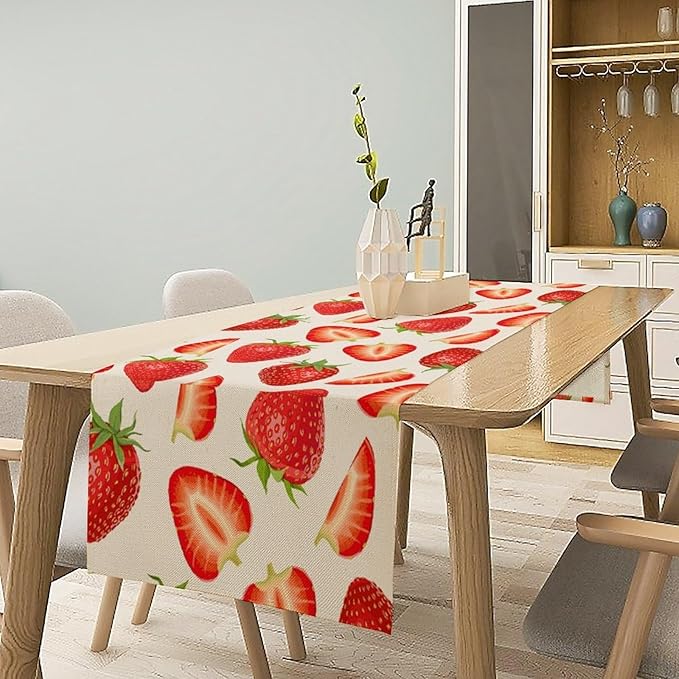 Strawberry Table Runner Spring Summer Wild Berry Fruit Theme Dinner Runner for Girl Baby Shower Party Holiday Home Kitchen Dining Table Decor 13x36