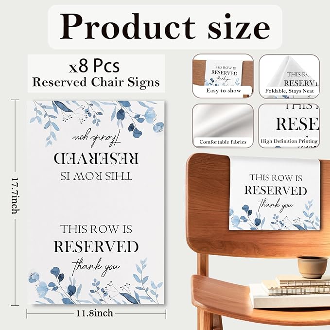Reserved Seating Chair Signs, This Row Is Reserved Pew Cloths Seating Placeholder for Church Pews, Wedding Decorations for Reception Parties Celebrations Event Meetings (8 PCS, Dusty Blue)