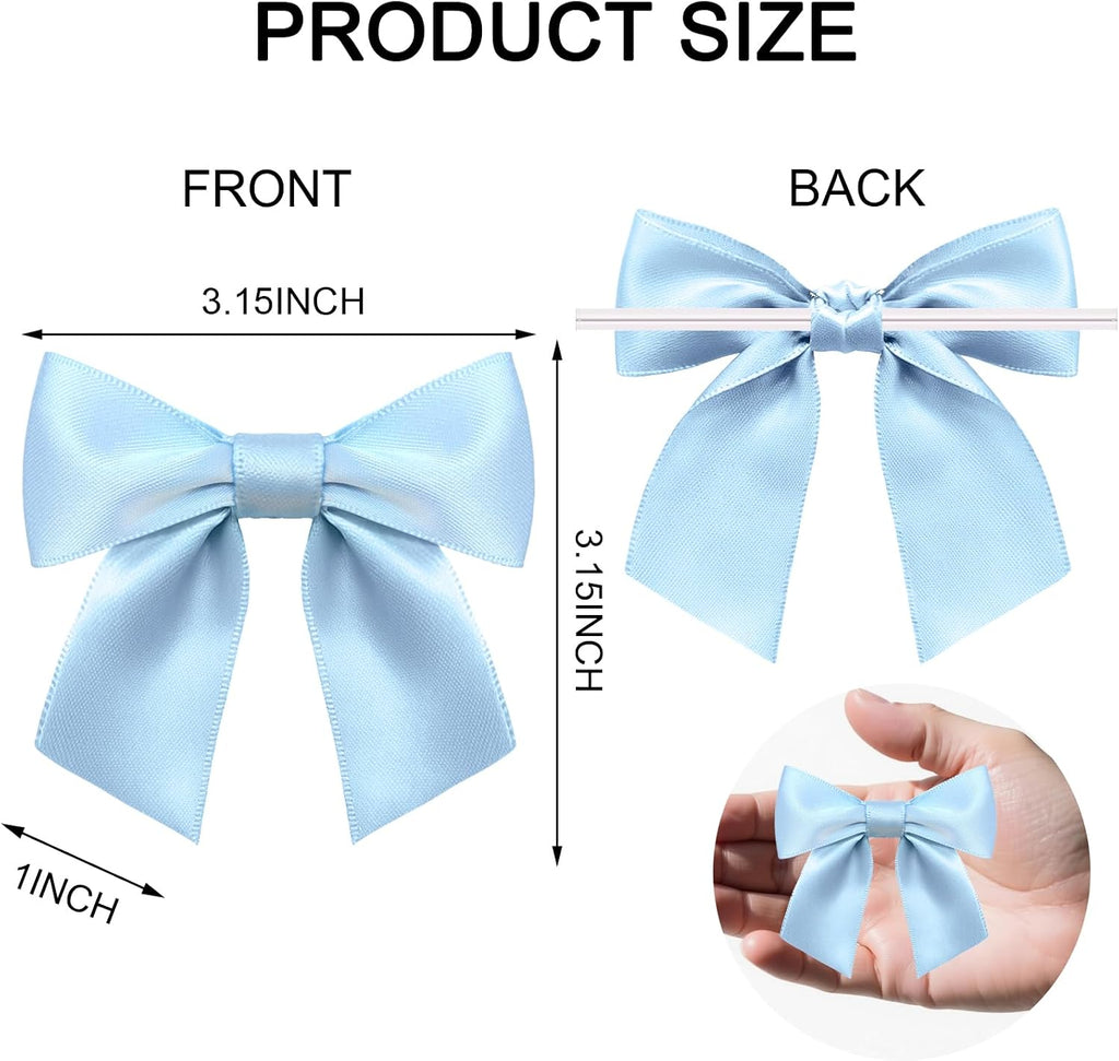 60 Pack Twist Tie Bows 3.3‘’ Craft Bows Satin Ribbon Bow for Gift Wrapping, Treat Bags, Party Favors & Craft Decoration Light Blue