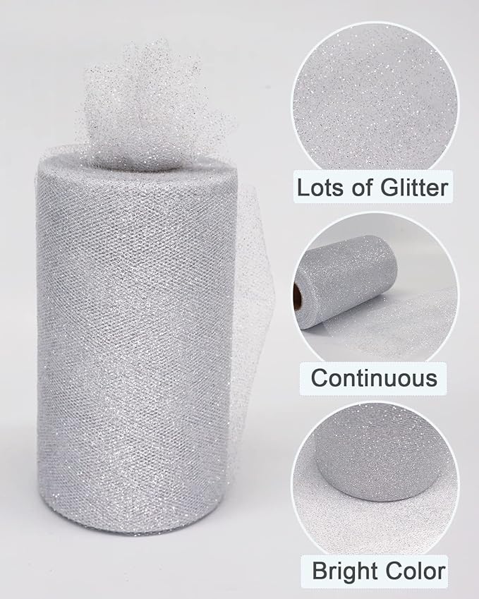 Glitter Tulle Fabric Rolls, 6 Inch 50 Yards (150ft) Sparkling Spool Ribbon Sequin Netting for Tutu Skirt Gift Wrapping Wedding Party Decoration (Silver)