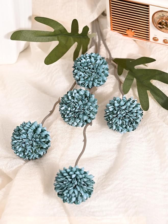 Waipfaru 10pcs Fake Silk Pompon Mum Artificial Flowers, Bulk Faux Mini Chrysanthemums with 2pcs Eucalyptus Stems, for Centerpieces Wedding Fillers Champagne Arrangements Shower Decorations, Blue