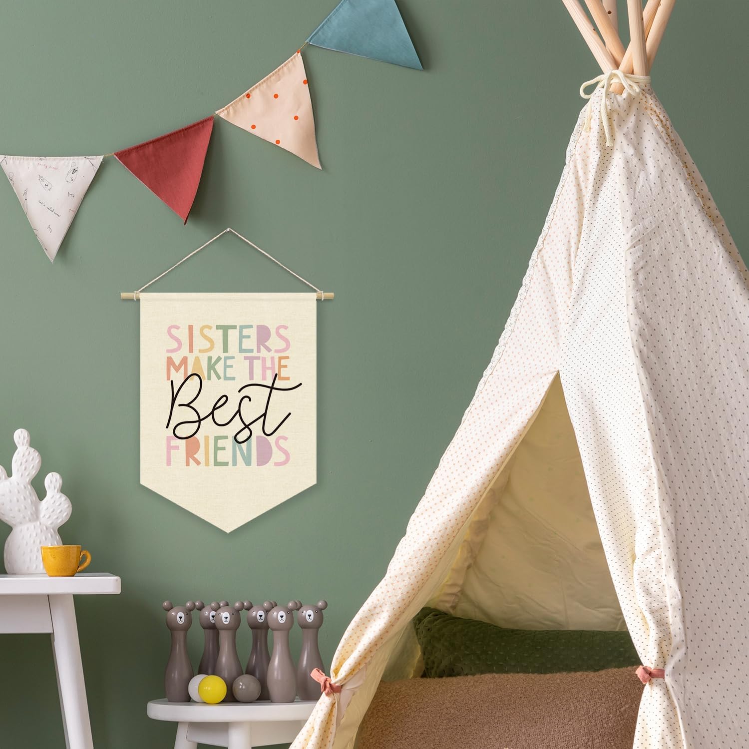 Girls Room Wall Art Decor,Cute Toddler Girl Room Pink Nursery Bedroom Playroom Canvas Banner Decorations,Sisters Make The Best Friends Wall Hanging Pennant Flag Banner for Teen Little Girls