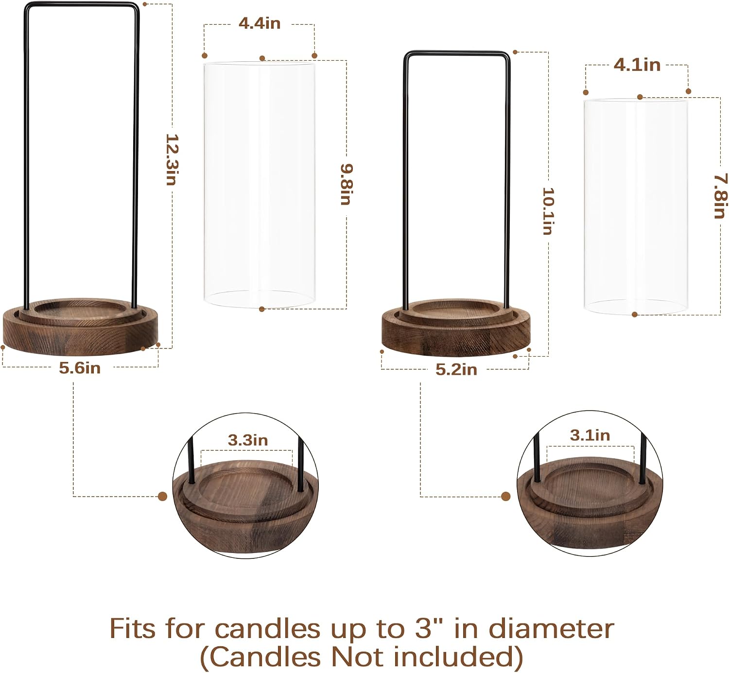 Houmury Farmhouse Candle Holder Decor Boho Glass Hurricane Lantern for Table Centerpieces Set of 2 Decorative Wood Metal Candle Holders for Living Room Dining Patio Home Decoration (Brown)