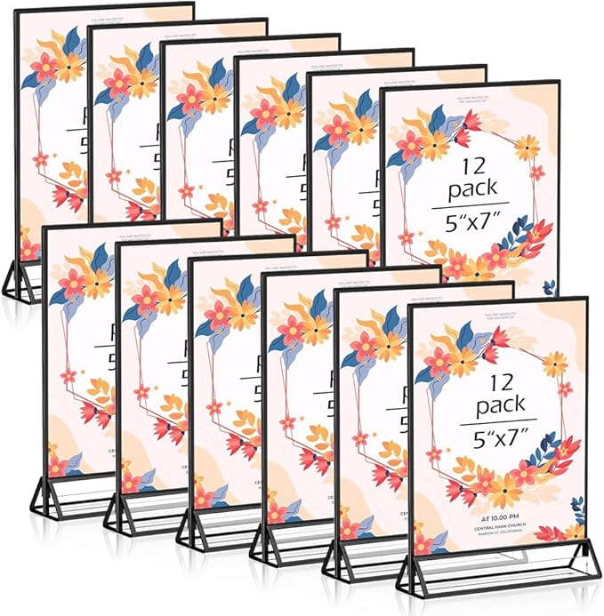 5" x 7" Black Acrylic Sign Holders, 12PCS Wedding Table Numbers Sign Holder, Double Sided Acrylic Black Frame Sign Holders Display Stand for Wedding Table Numbers, Restaurant Sign, Menu, Photo