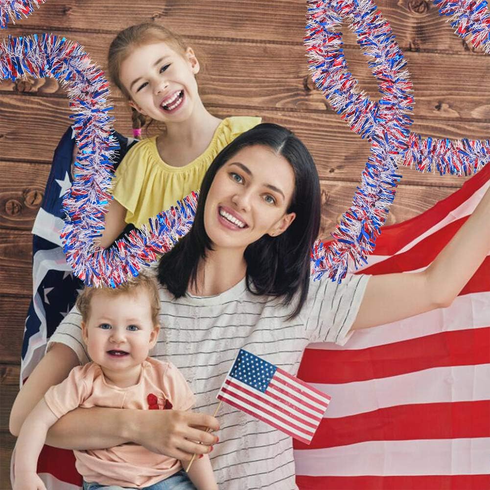 CCINEE 33ft Patriotic Tinsel Garland,Red White Blue Star Twisted Garland for 4th of July Party Independence Day Memorial Day Home Party Decoration