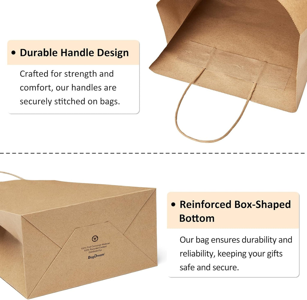 BagDream Gift Bags 8x4.25x10.5 100Pcs Brown Paper Gift Bags with Handles Bulk for Wedding, Party Favor, Grocery, Shopping, Retail, Merchandise Medium Kraft Paper Sacks