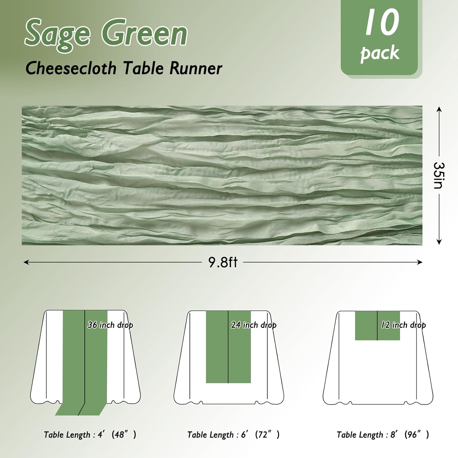 3 Pack Sage Green Cheesecloth Table Runner 120 Inch 10FT Cheese Cloth Runners for Baby Shower, Boho Decor, Wedding Decoration, Jungle Theme Party