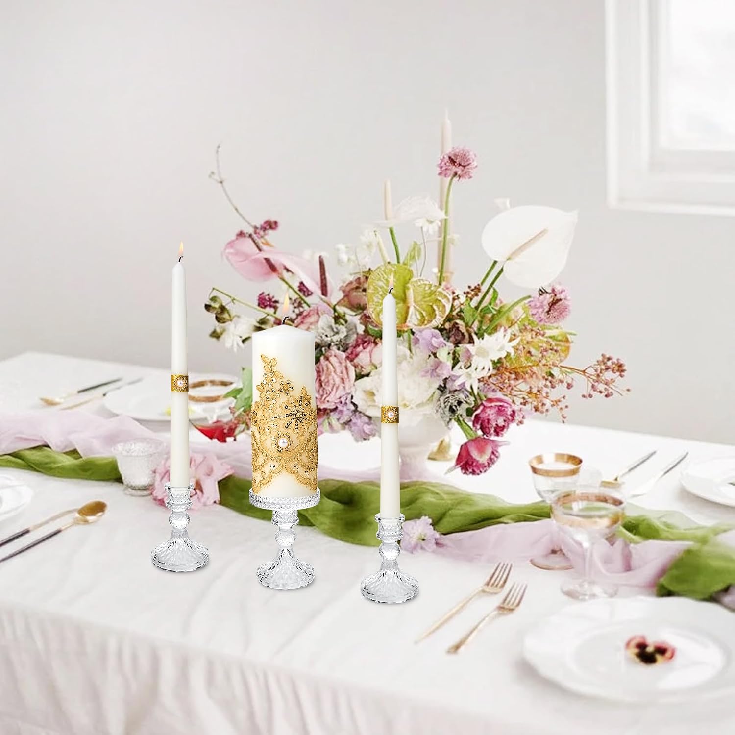 Unity Candle Holder - Glass Candle Holders for Pillar Candles Taper Candles, Glass Candlestick Holders Set of 3, Decorative Clear Glass Candlestick Holder for Wedding Table Dinning Church Centerpiece