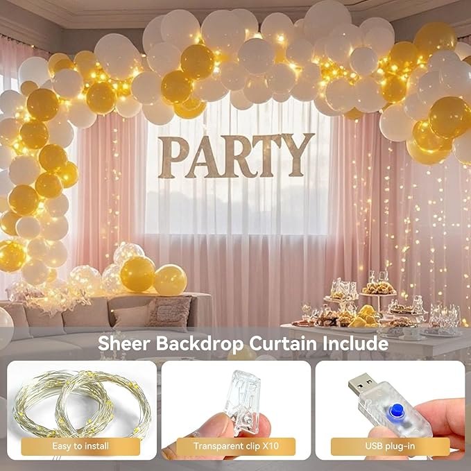 10×10ft Tulle Backdrop Curtains with Lights String - 300LED Fairy Lights Sheer Curtain Backdrop for Weddings Baby Shower and Birthday Party Decorations(8 Panels 5×10ft)
