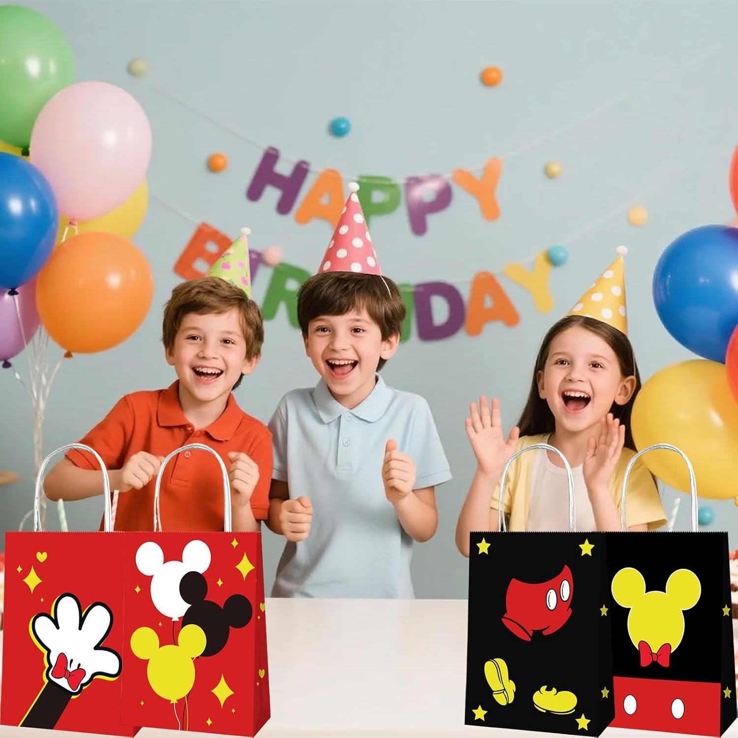 EBWHOLE 12 Pcs Cute Mouse Party Favor Bags, Cartoon Birthday Party Supplies Including 4 Patterns Double Sided Printed Candy Goodie Treat Bags with Handl (A)