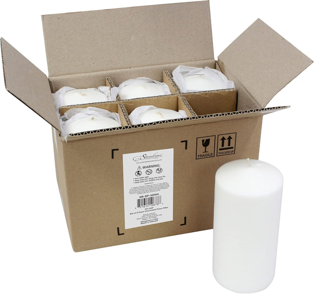 Stonebriar Unscented White Tall Pillar Candles, 65 Hour Burning Candle Pillars, Perfect for Decor, Weddings, Emergencies 3" X 6", 6 count