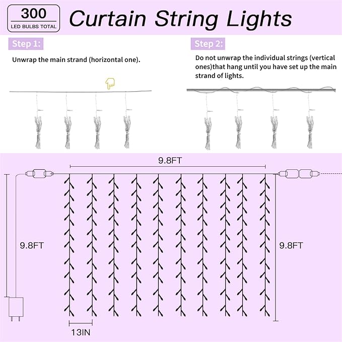 300 LED Rainbow Curtain String Lights 9.8 * 9.8FT Plug in Fairy with Timer and 8 Modes, Waterproof Window Wall Lights for Bedroom Wedding Party Indoor Outdoor Christmas Decor