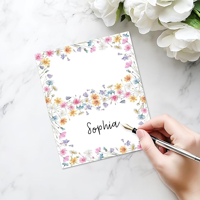 25 Pack Wildflowers Place Cards, Editable Name Cards for Table Setting, Tent Cards Food Label for Dinner Party, Bridal Shower, Wedding, Baby Shower and Events -T07