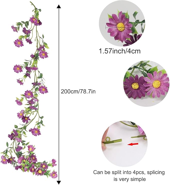 2 Pack Artificial Purple Flower Garland Silk Daisy 13FT Fake Vines Purple Birthday Party Decorations Wisteria Hanging Flowers Garland for Backdrop Arch Wall Home Wedding Indoor Cemetery Decor
