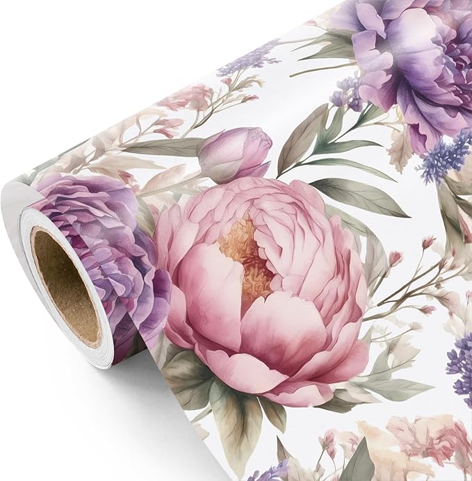 WRAPAHOLIC Floral Wrapping Paper Roll - Mini Roll - 17 Inch x 33 Feet - Purple Flower Wrapping Paper, Perfect for Girls Women Birthday, Wedding, Bridal Shower