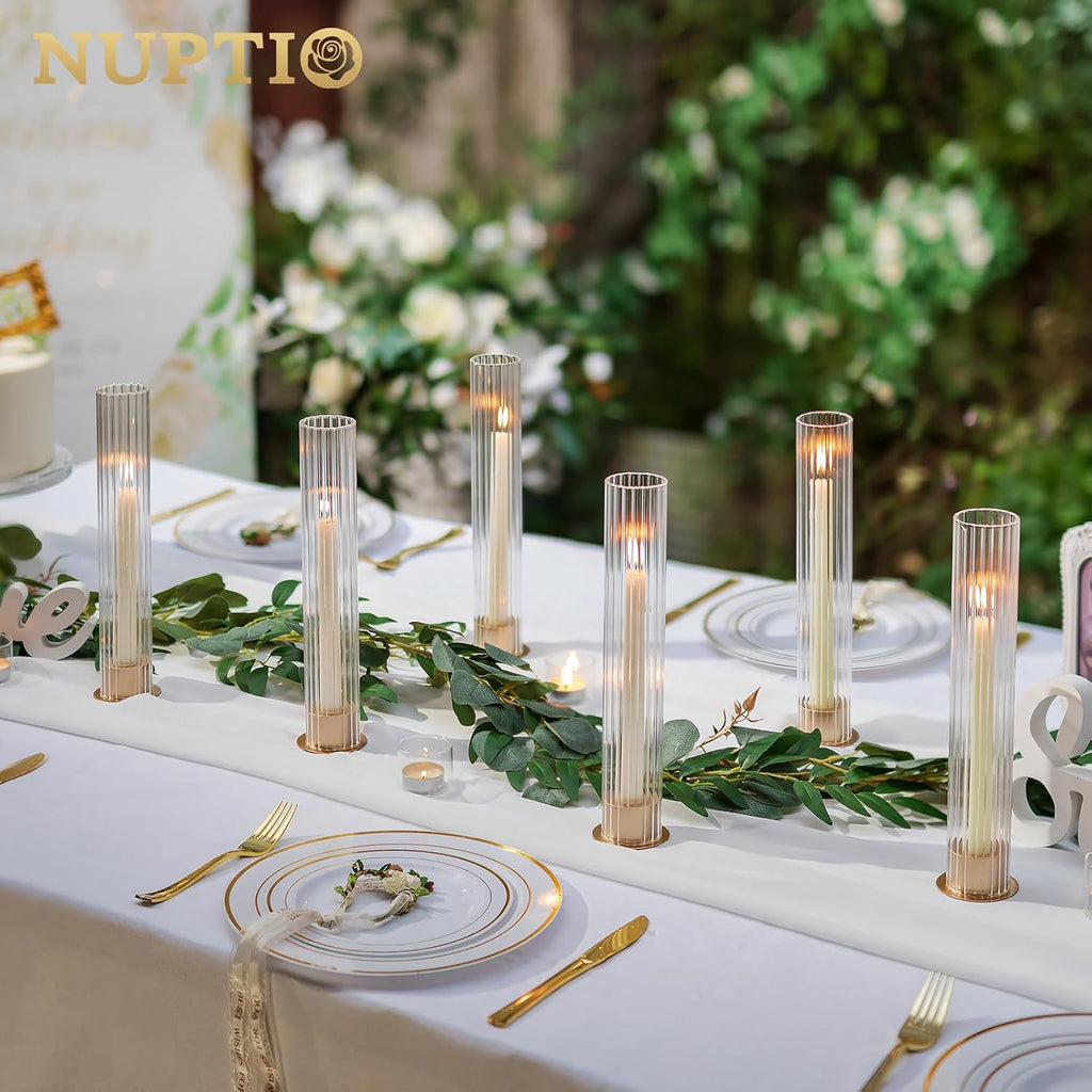 NUPTIO Hurricane Glass Candle Holders: Set of 18 Gold Taper Holders Bulk with Fluted Sleeves - Brass Candlestick Holders for Table Centerpiece Decoration