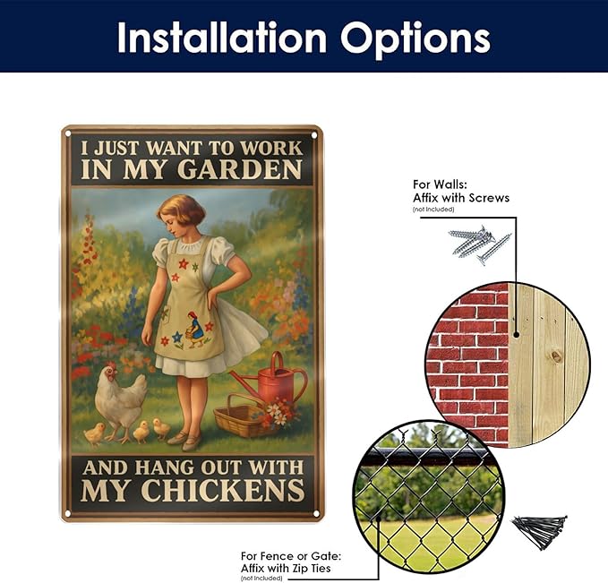 Funny Garden & Chicken Coop Sign - "I Just Want to Work in My Garden and Hang Out with My Chickens" Rustic Metal Wall Decor for Farmhouse, Backyard