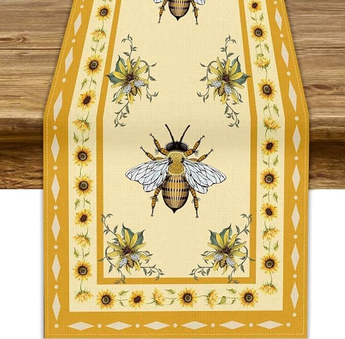 Honey Bee Table Runner, Farmhouse Yellow Sunflower Retro Summer Linen Tables Runners for Kitchen Dining Table Home Party Decor, 13x120inch