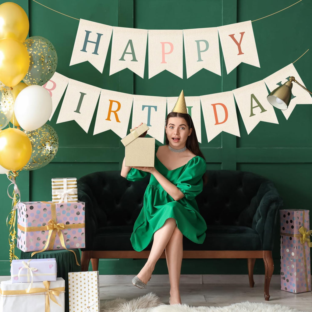 Doumeny Happy Birthday Burlap Banner Boho Birthday Garland Bunting Sage Green Pink Bohemian Party Hanging Flag White Happy Birthday Party Bunting Garland for Women Men Birthday Photo Backdrop