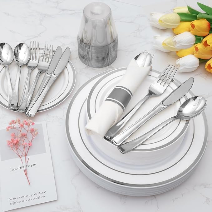 Goodluck 175 Piece Silver Plastic Dinnerware Set for 25 Guests, Fancy Disposable Plates for Party, Include: 25 Dinner Plates, 25 Dessert Plates, 25 Pre Rolled Napkins with Silver Silverware, 25 Cups