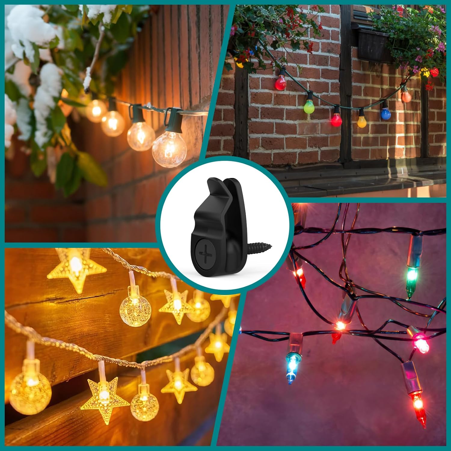 Outdoor String Lights Clips, Weatherproof Cable Hanger Hooks for Hanging Fairy Lights, Holiday Decor - Black, 50 Pack