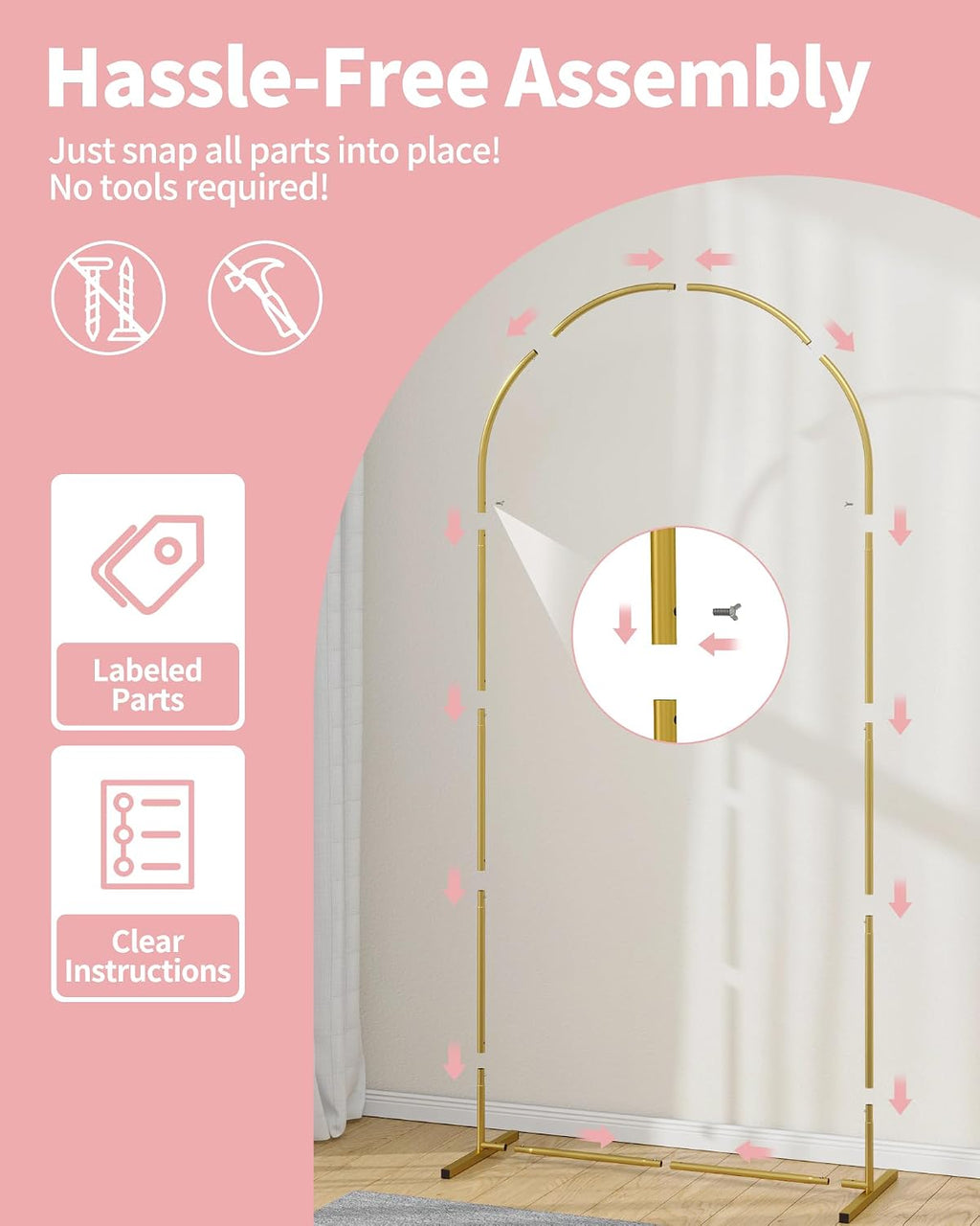 pureegg gold arch backdrop stand set, metal, set, side view