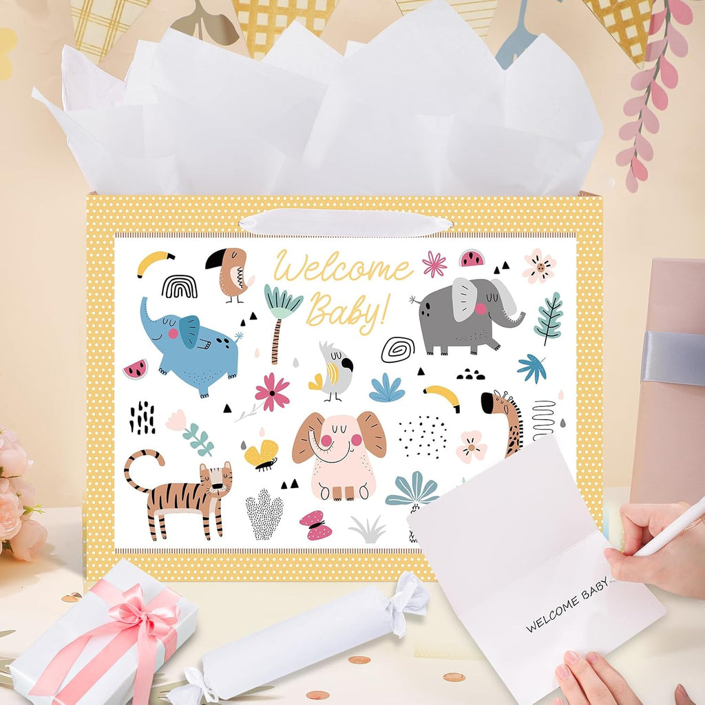 woric 14.5" Baby Gift Bag for Baby Shower with Tissue Paper and Greeting Cards for Boys Girls Birthday Party(Cute Animals)
