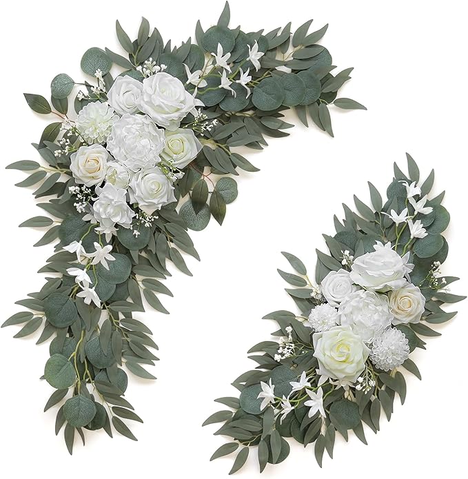 Artificial Flower Swag Set of 2 for Wedding Welcome Signs Floral Decorations, White Wedding Arch Flowers for Wedding Ceremony