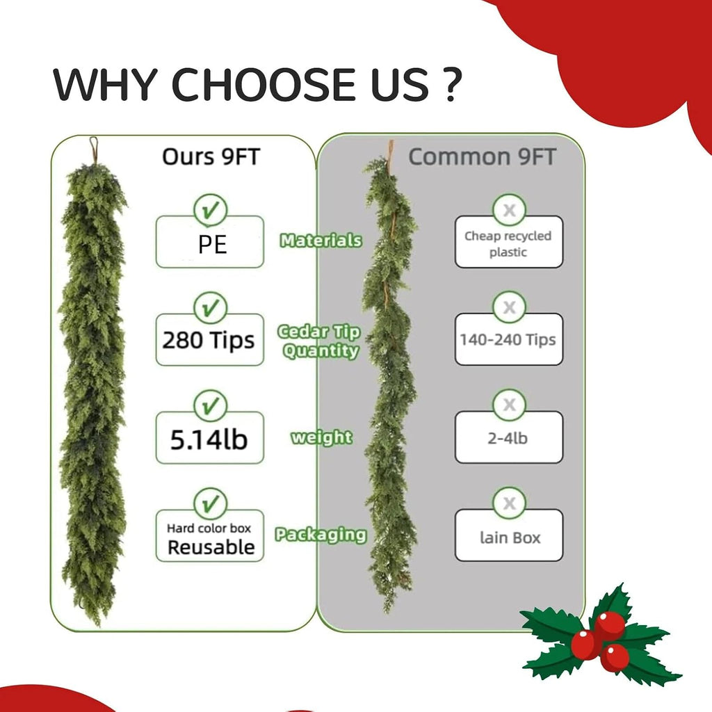 giauma 9ft double fullness artificial christmas cedar garland showing dimensions