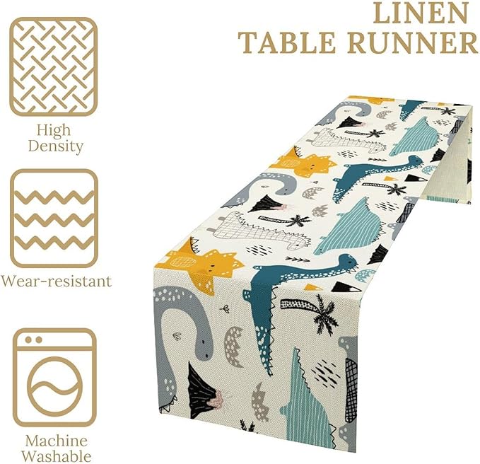 Cartoon Dinosaur Table Runner,Kids Boys Cute Various Dino Moutain Modern Abstract Print Tablecloth Burlap for Hotel Indoors Outdoor Dining Room Kitchen Holiday Party, 13x90in