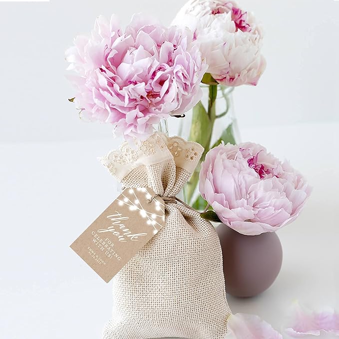 Andaz Press 100-Pack Personalized Thank You for Celebrating with Us Wedding Favor Tags with Bakers Twine Rustic String Lights Custom Cardstock Wedding Gift Tags for Party Favors 2 x 3.75-Inches