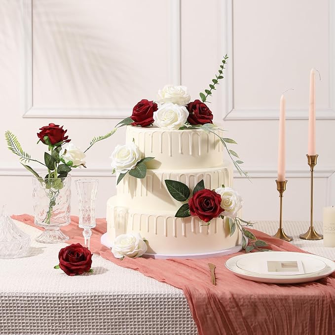Tifuly 12pcs Red Roses Artificial Flowers,Realistic Long Stem Fake Silk Roses Bouquet for Party Home Wedding Centerpiece Office DIY Decor（Burgundy）